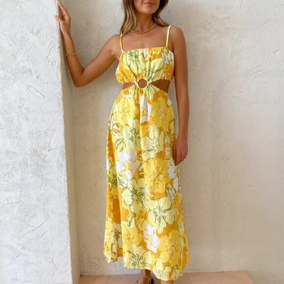 Faithfull The Brand El Rio Linen Cut Out Midi Maxi Dress Loretta Floral Yellow - Picture 1 of 10